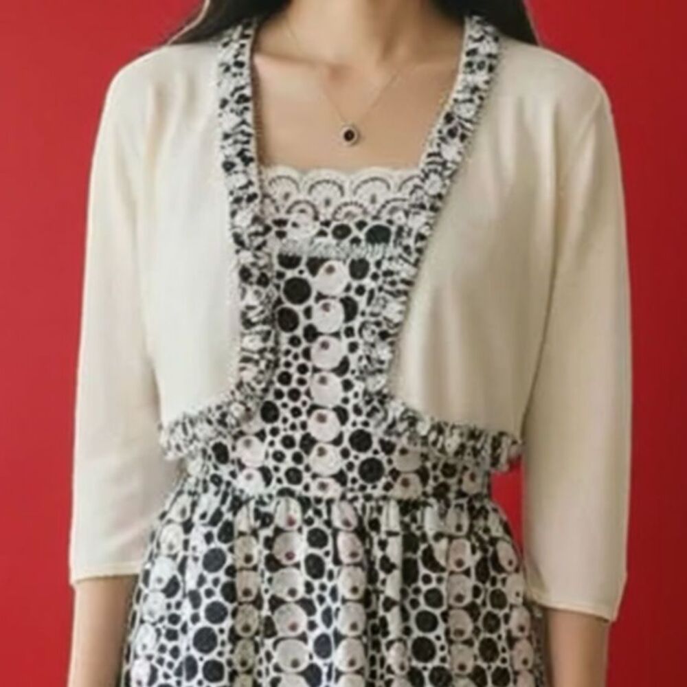 Oscar De La Renta Cream Cashmere & Silk Ruched Polka Dot Trim Bolero